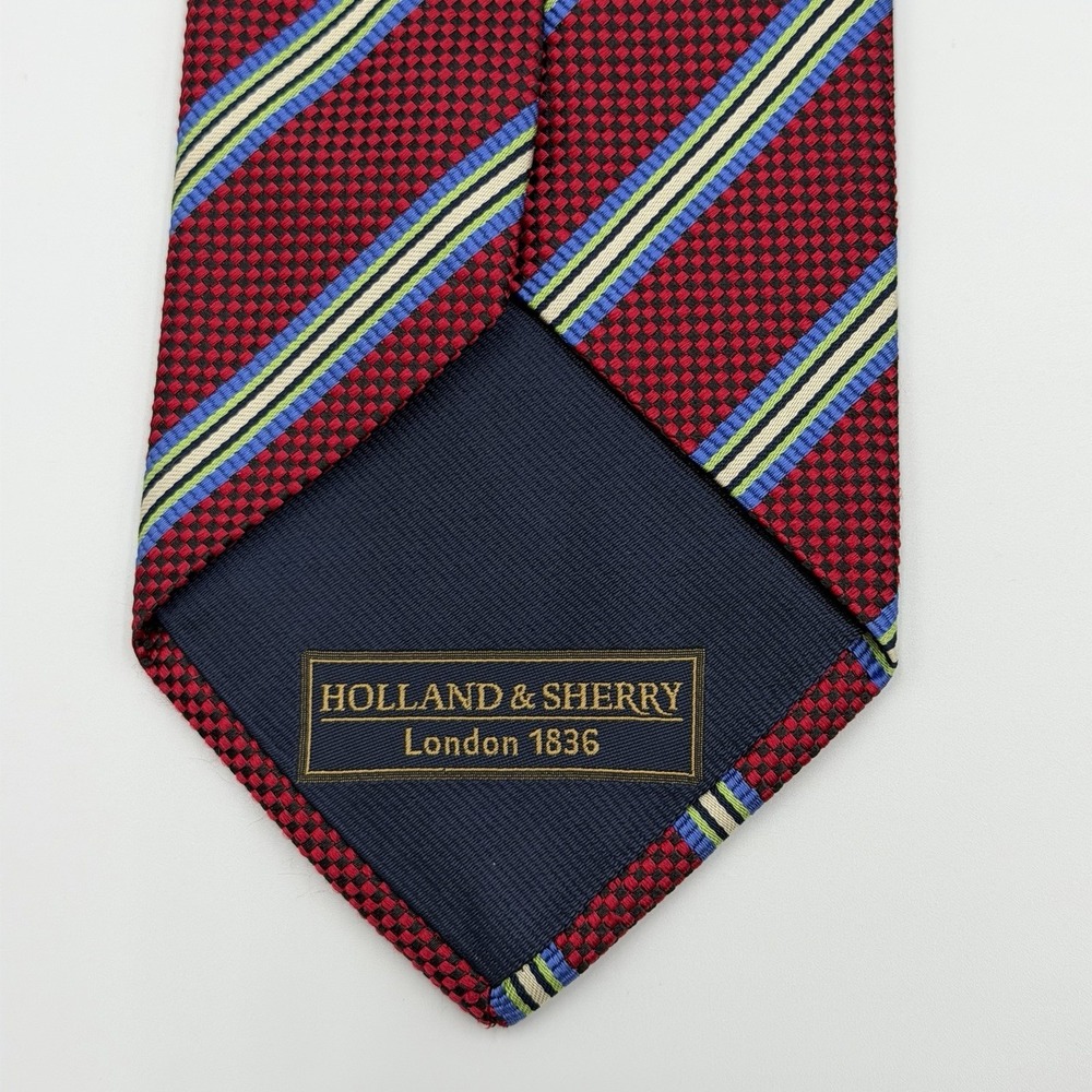 Holland & Sherry London 1836 Silk Tie Handmade Striped Red Blue White
